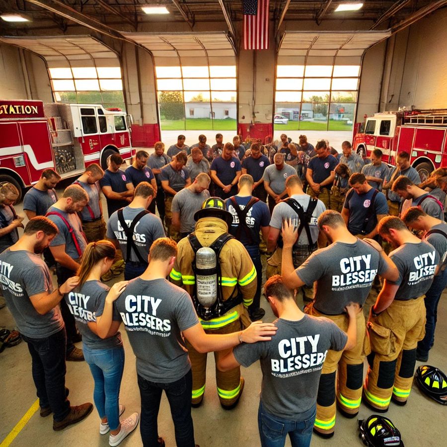 Praying over firefighters at the station