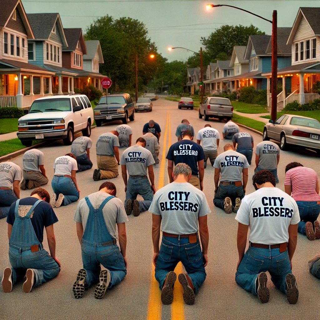 City Blessers kneeling in prayer in the middle of their street