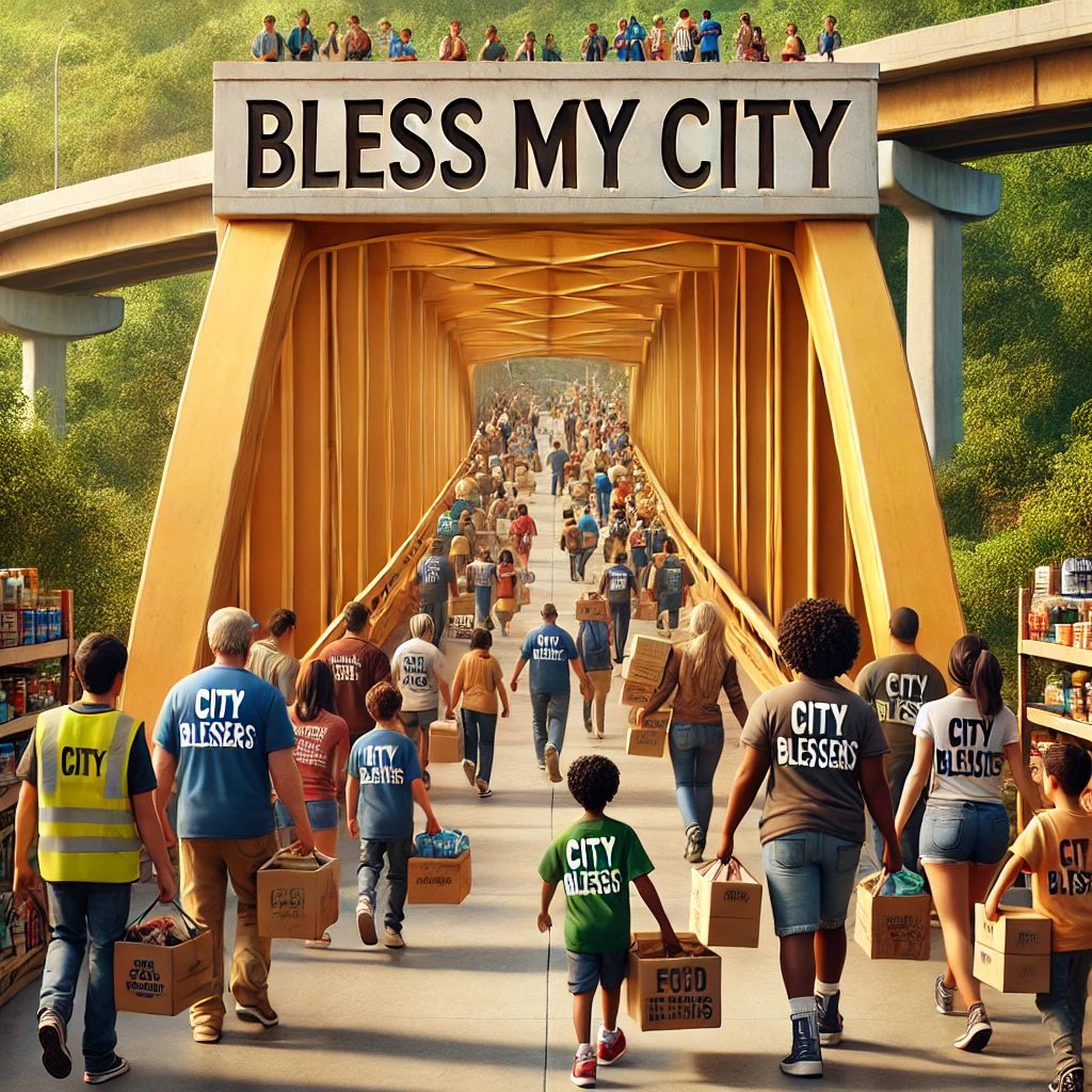 People carrying supplies across a bridge labeled Bless My City