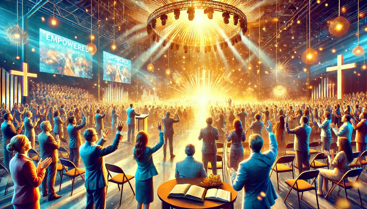 A worship gathering under golden light